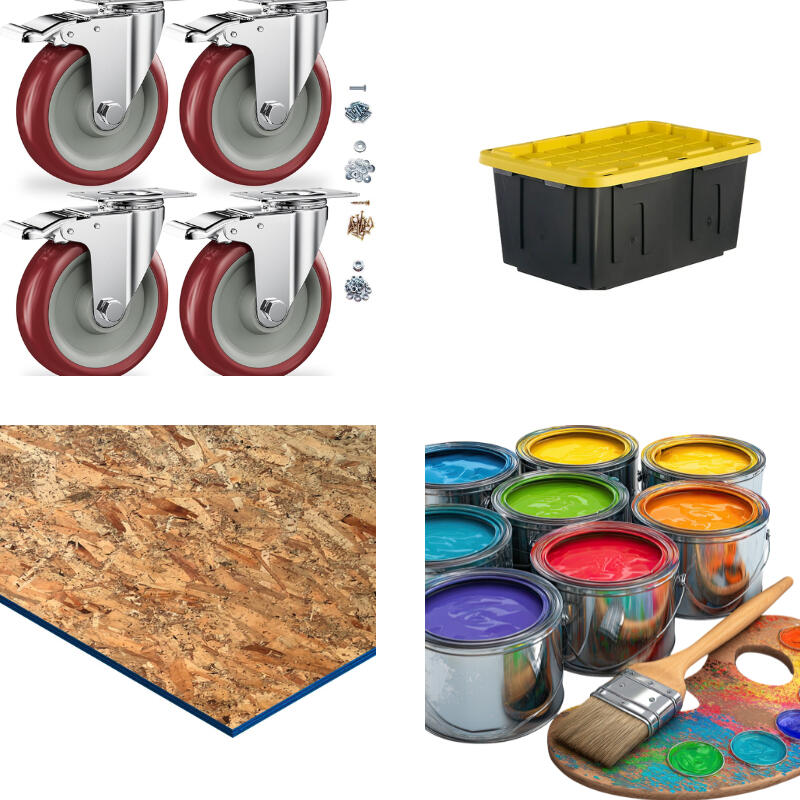 This picture includes a neatly organized basement laundry area that features two wooden bin storage units. One of them is holding 4 black and yellow storage bins, the other is holding 16. Text on the image says: "...to this"